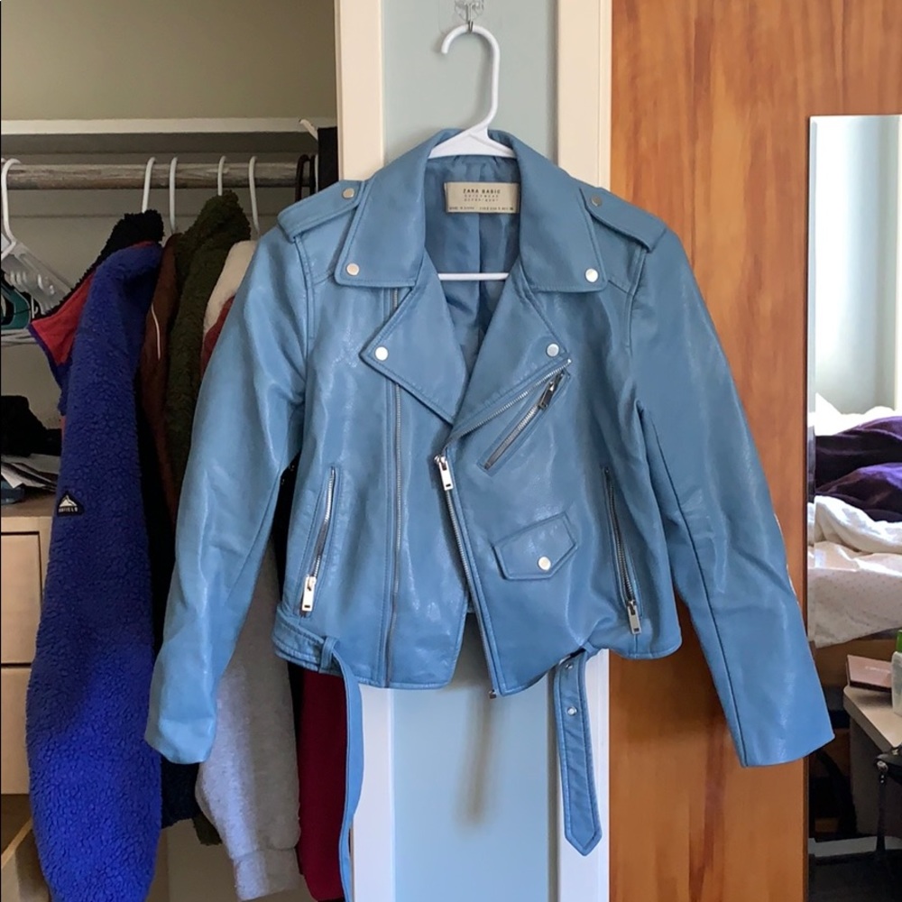 Zara blue faux leather moto jacket